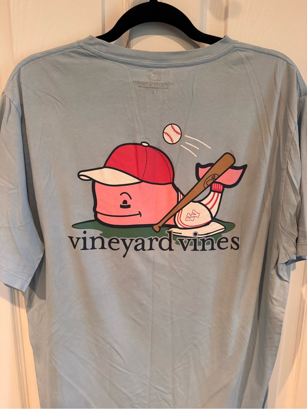 Vineyard Vines Light Blue Tee with Pink Whale Baseball Graphic